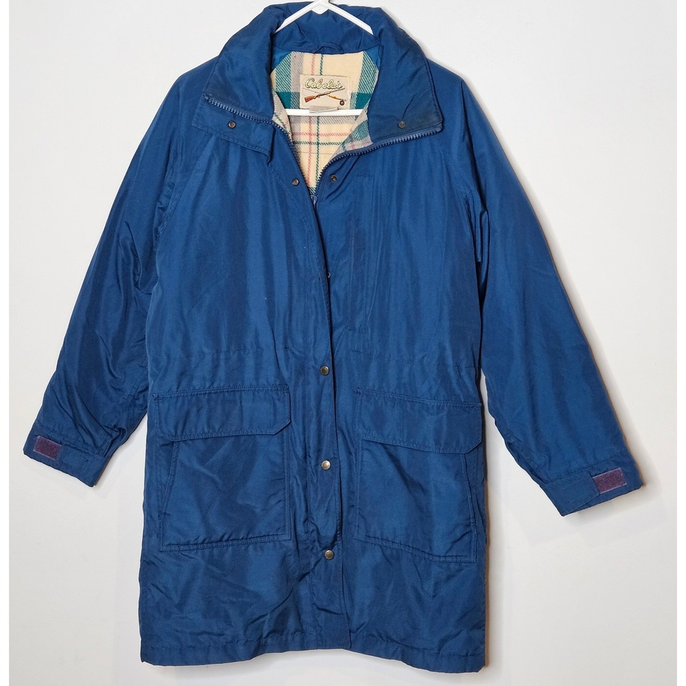 Cabelas Vintage Womens M Goose Down Long Coat Blue Plaid Lined Hunting Winter - Picture 1 of 5